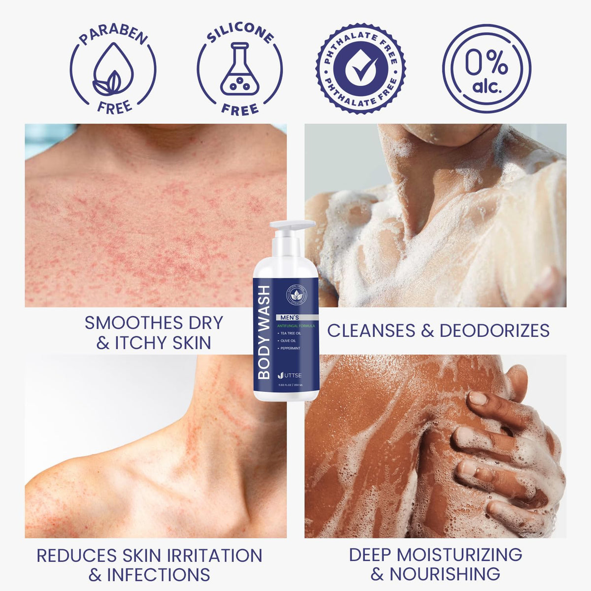 Uttse Tea Tree Body Wash 350mL back view with ingredients
