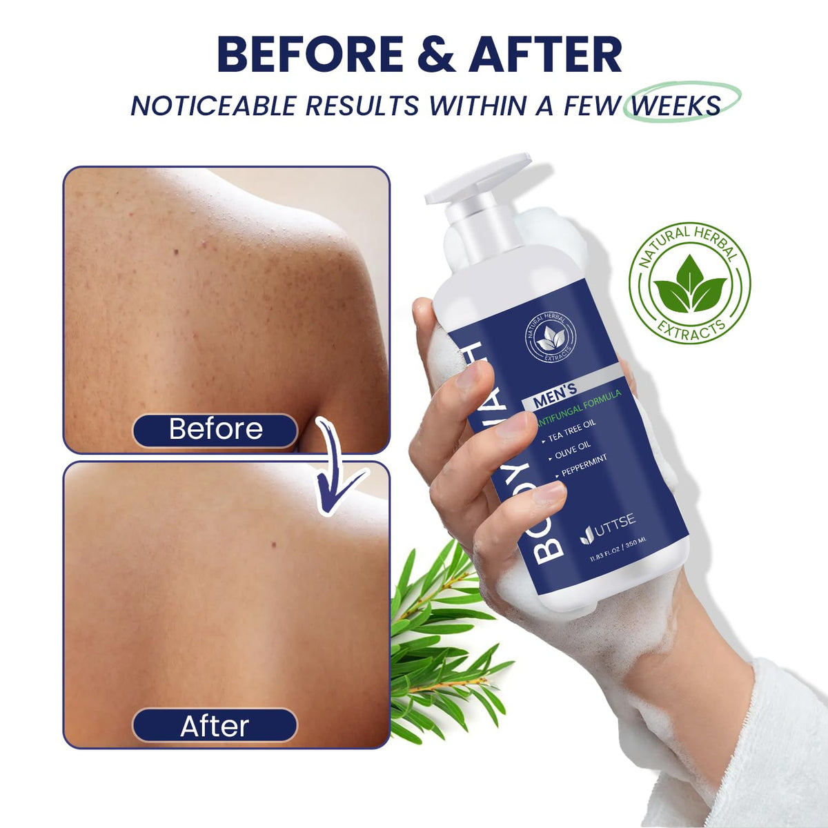 Uttse Tea Tree Body Wash 350mL with fresh mint leaves