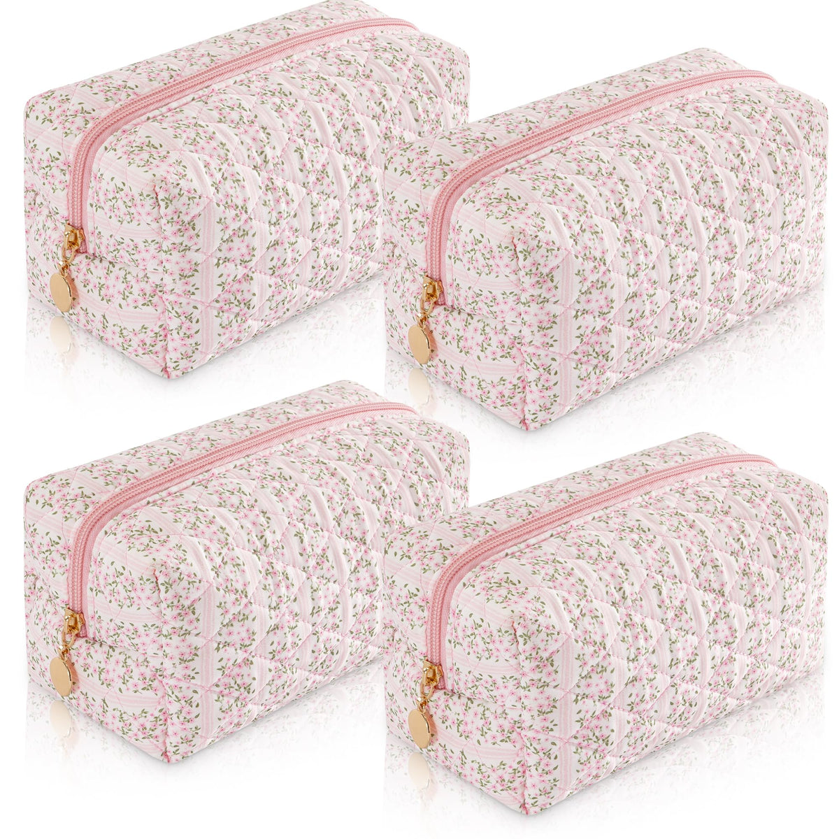 UUYUUY 4PCS Makeup Bag Set pastel pink quilted floral design front view