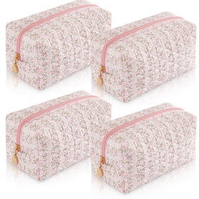 UUYUUY 4PCS Makeup Bag Set pastel pink quilted floral design front view