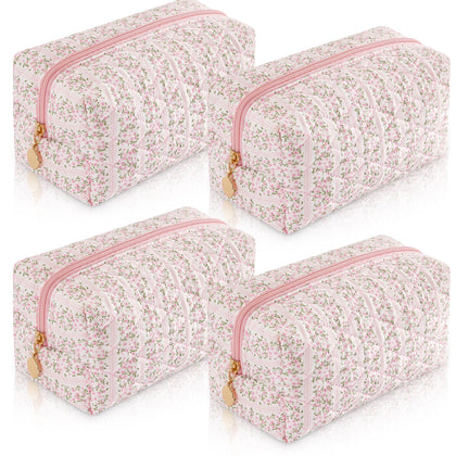 UUYUUY 4PCS Makeup Bag Set pastel pink quilted floral design front view