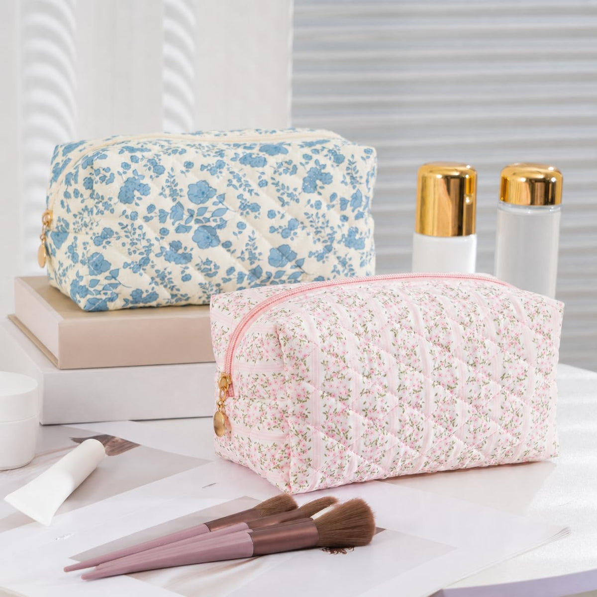 UUYUUY floral cosmetic bag on a vanity table