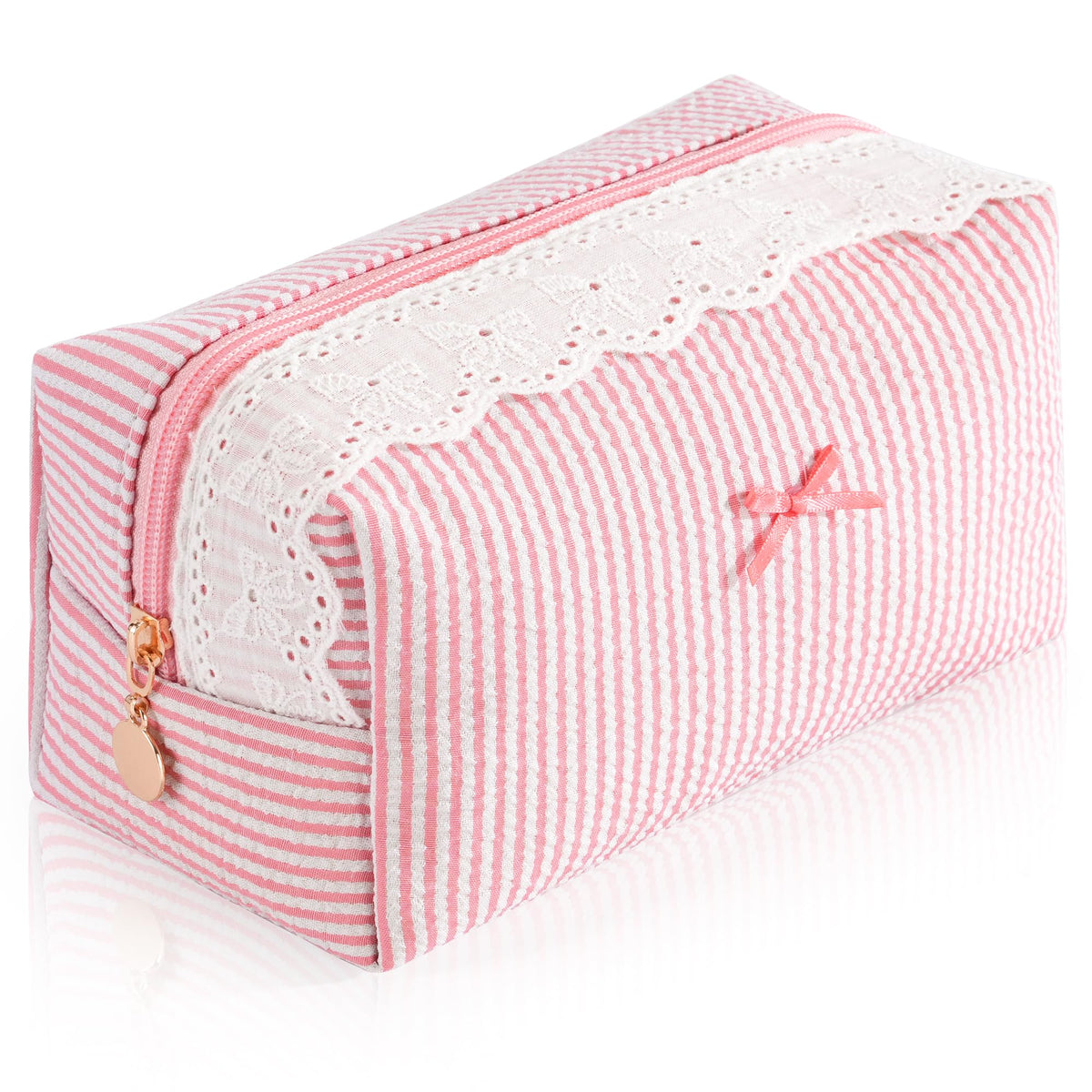 UUYUUY Makeup Bag front view with blush stripe design and lace trim