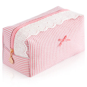 UUYUUY Makeup Bag front view with blush stripe design and lace trim