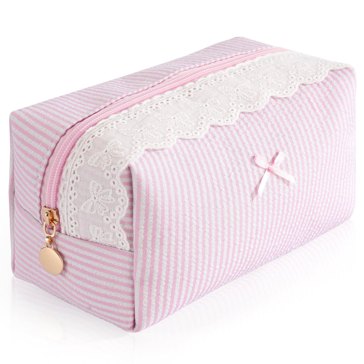 UUYUUY Makeup Bag front view with pink stripes and lace trim