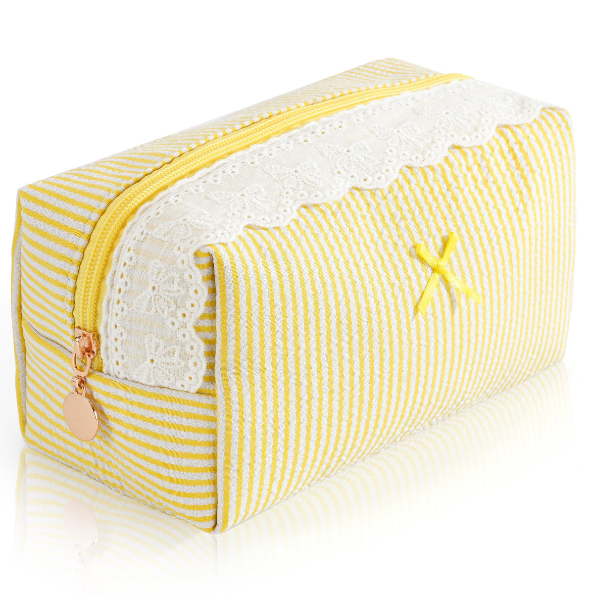 UUYUUY Makeup Bag front view with yellow stripes and lace trim