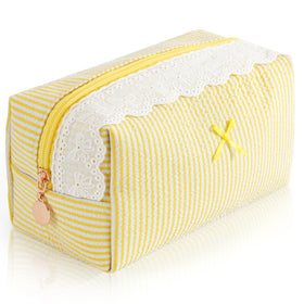 UUYUUY Makeup Bag front view with yellow stripes and lace trim