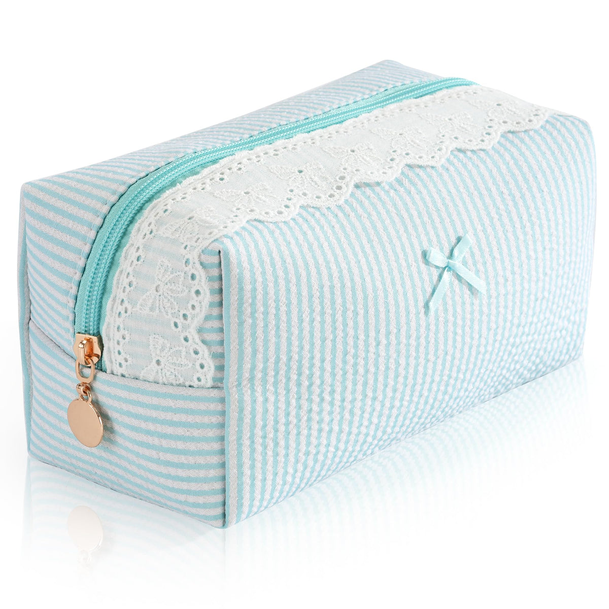 UUYUUY Makeup Bag green stripe design with lace trim