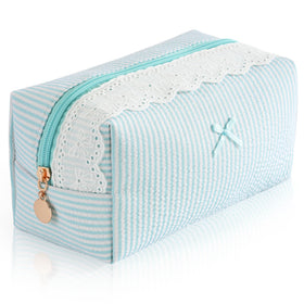 UUYUUY Makeup Bag green stripe design with lace trim