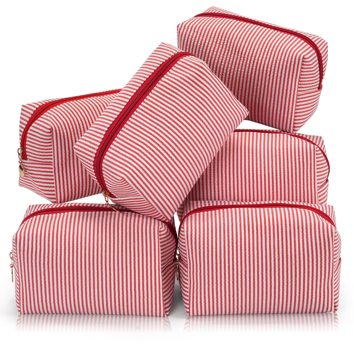 UUYUUY Makeup Bag Set 6PCS red striped pouches front view