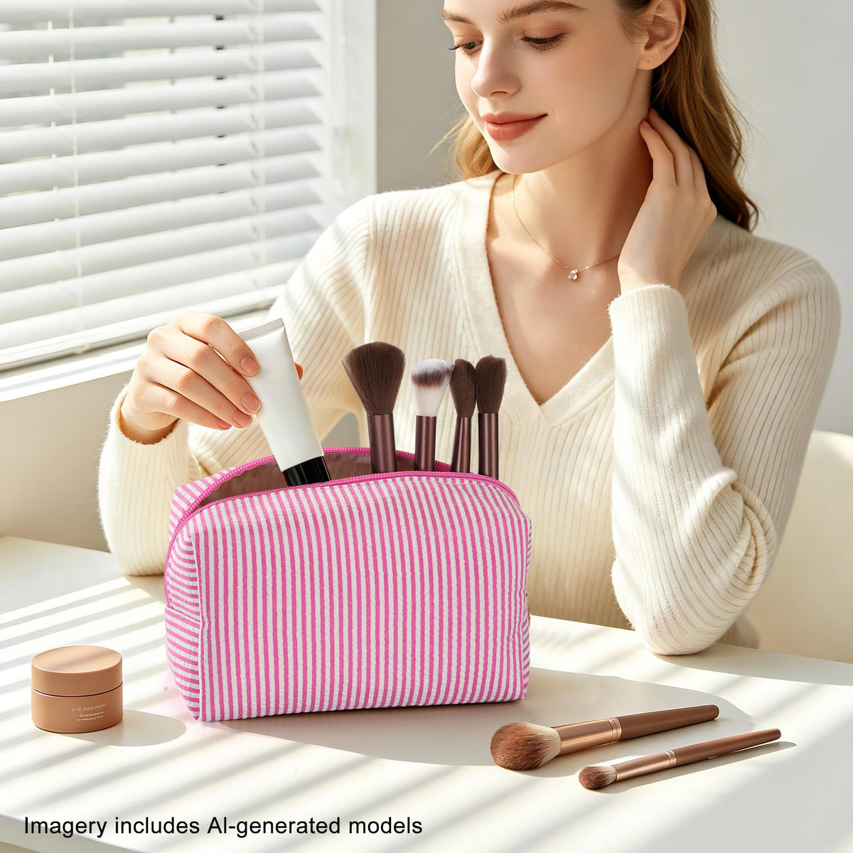 UUYUUY makeup pouch in use on a bathroom counter