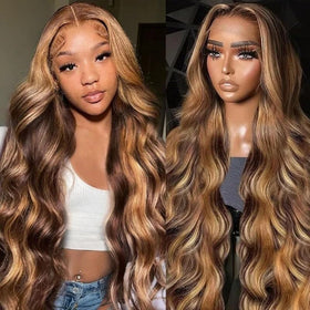 Uveous 26 Inch Ombre Lace Front Wig front view with honey blonde highlights