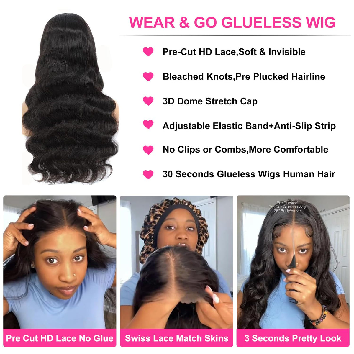 Uveous 28 Inch Glueless Wig Body Wave back view