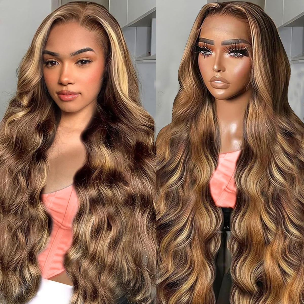 Uveous 28 Inch Ombre Lace Front Wig front view with body wave texture