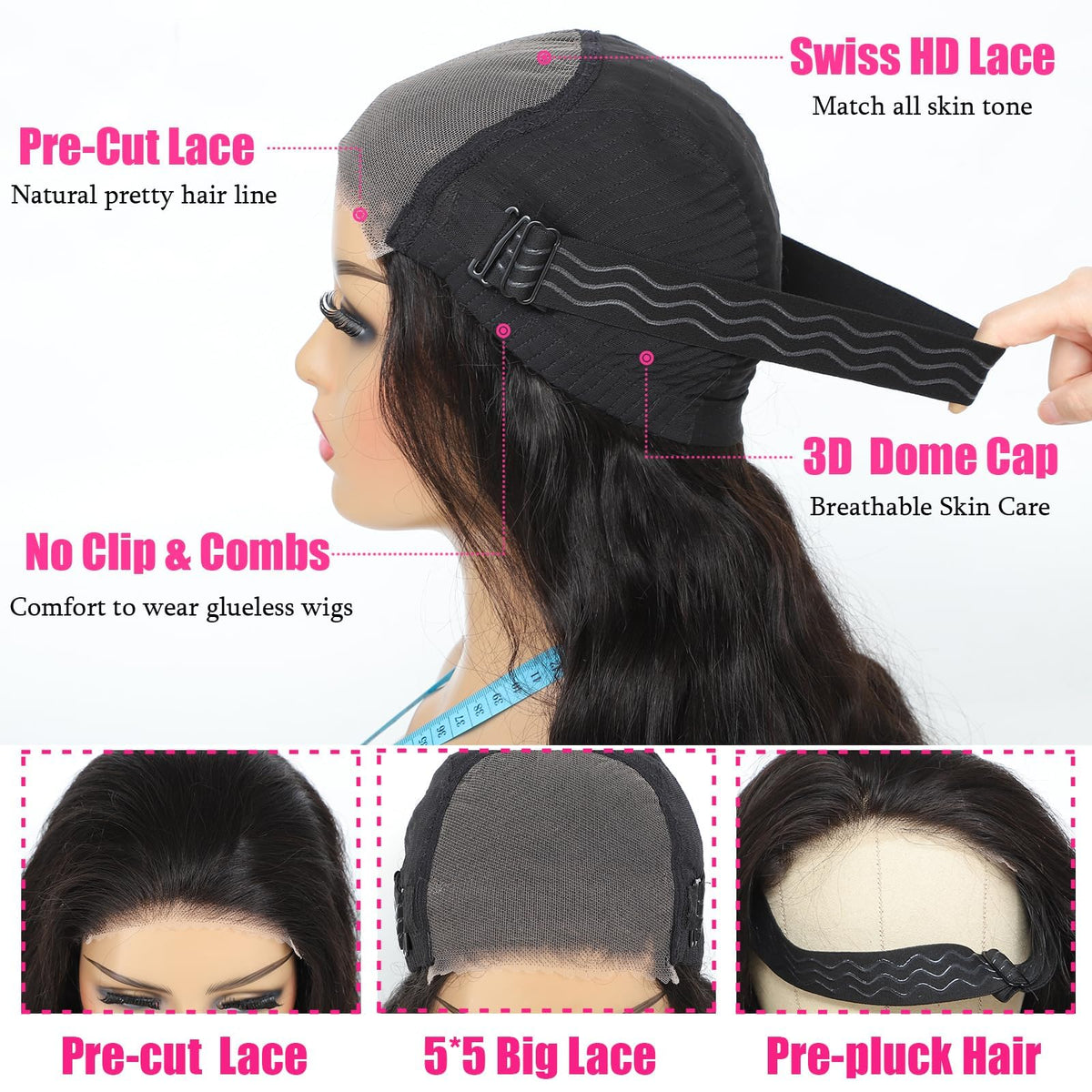 Uveous 32 Inch Glueless Wig back view with adjustable band