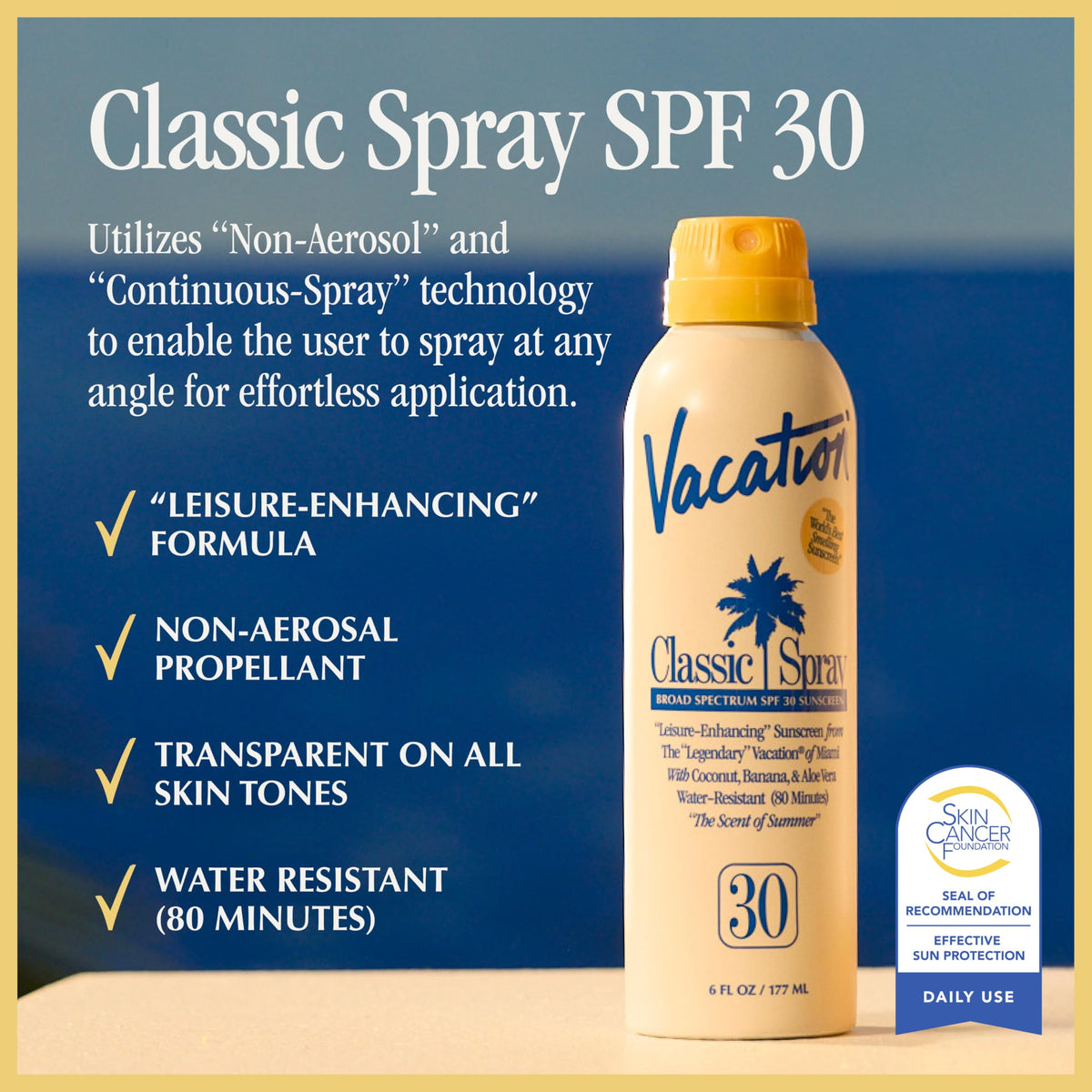VACATION Classic SPF 30 Sunscreen Spray bottle side view