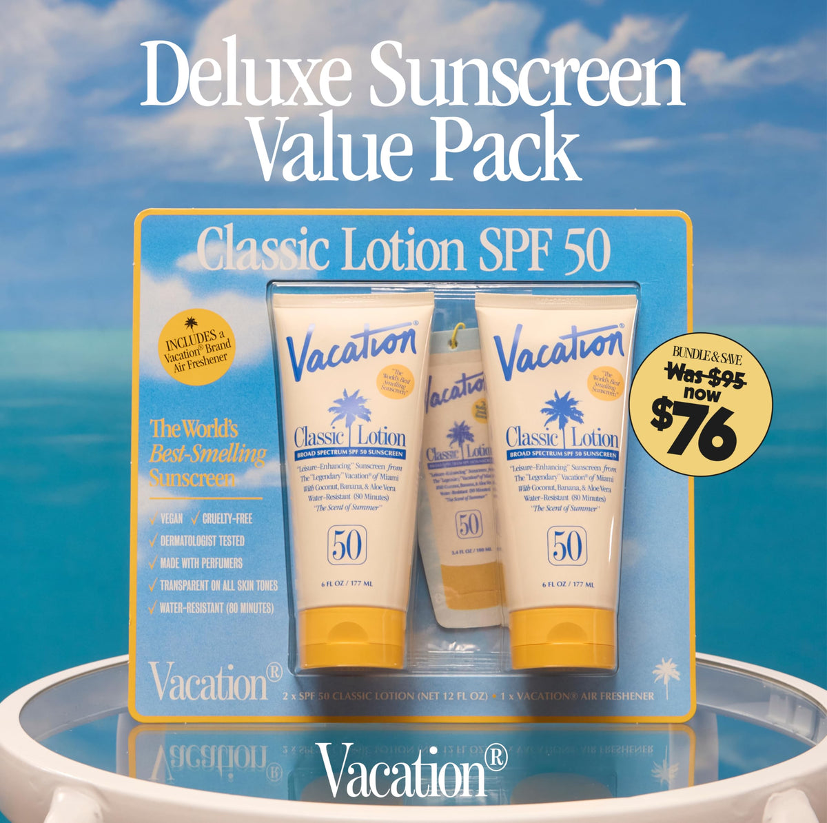 VACATION Classic SPF 50 Sunscreen Lotion application on skin