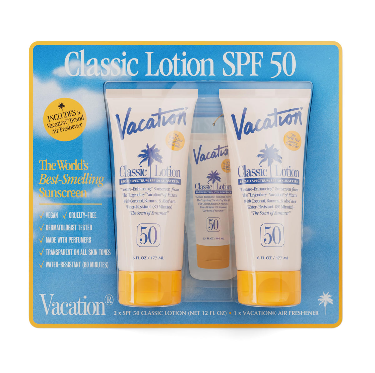 VACATION Classic SPF 50 Sunscreen Lotion front view with packaging