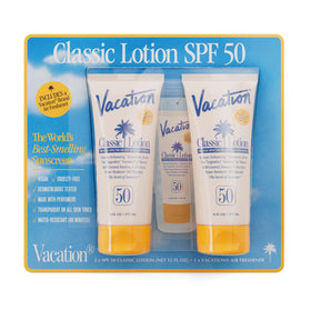 VACATION Classic SPF 50 Sunscreen Lotion front view with packaging