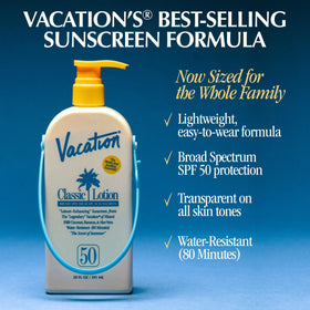 VACATION Classic SPF 50 Sunscreen Lotion showing Honorary Employee Bracelet