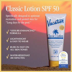 VACATION Classic SPF 50 Sunscreen Lotion side view showing texture