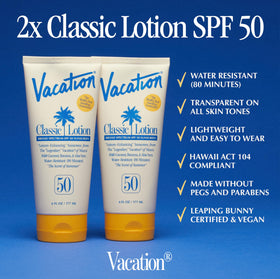 VACATION Classic SPF 50 Sunscreen Lotion with tropical background