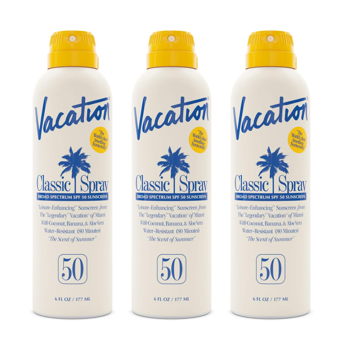 VACATION Classic SPF 50 Sunscreen Spray pack of 3 bottles front view