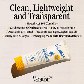 VACATION Mini Classic SPF 30 Sunscreen Lotion on a beach towel