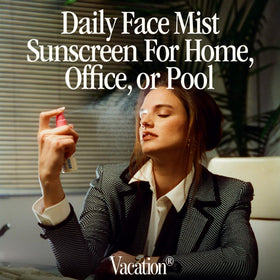 VACATION Mini Super Spritz SPF 50 Face Sunscreen Spray in hand outdoors