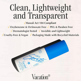 VACATION Mini Super Spritz SPF 50 Face Sunscreen Spray on a beach towel