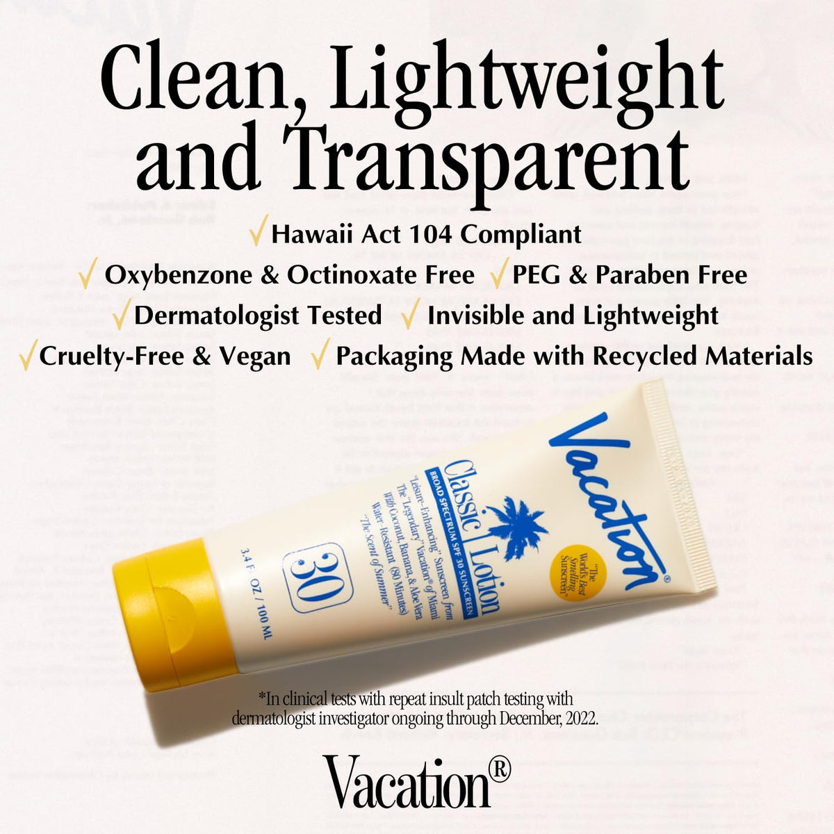 VACATION Sunscreen Lotion SPF 30 with tropical background