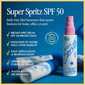VACATION Super Spritz SPF 50 Face Sunscreen Spray bottle with fine mist spray
