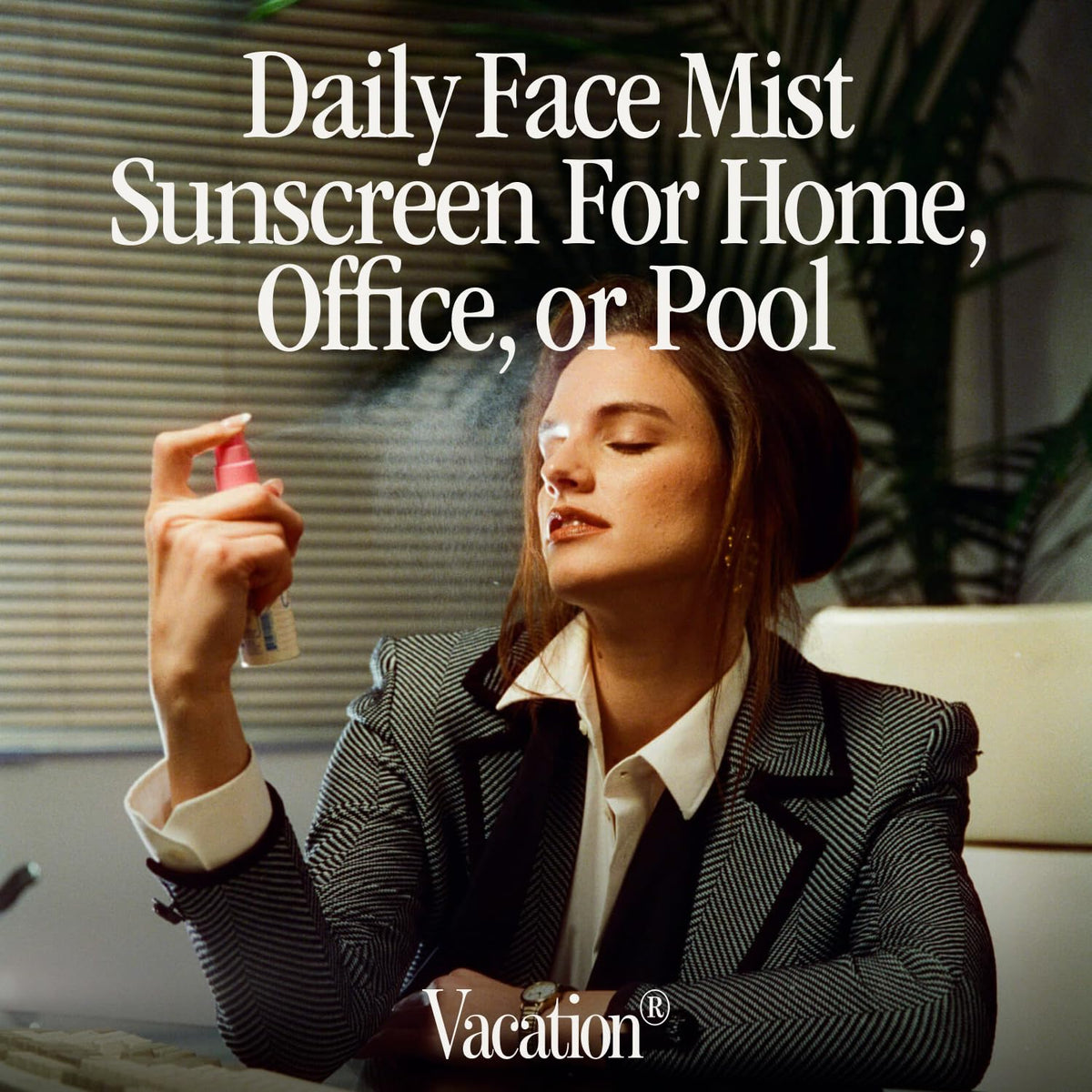 VACATION Super Spritz SPF 50 Face Sunscreen Spray packaging with travel-friendly design