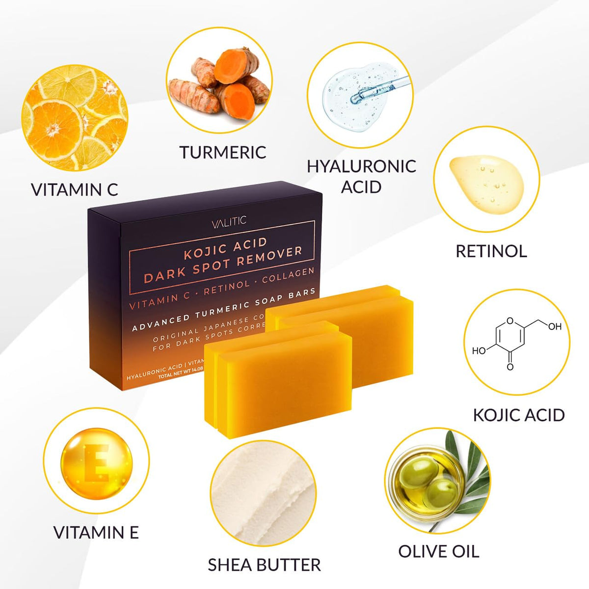 VALITIC Kojic Acid Soap Bar with ingredients displayed