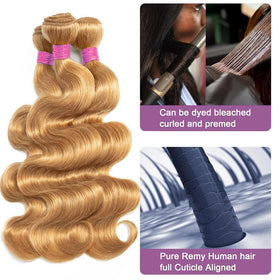 Vallbest Honey Blonde Body Wave Bundle displayed with hair styling tools