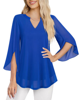 VALOLIA Floral Tunic Blouse side view showcasing ruffle sleeves