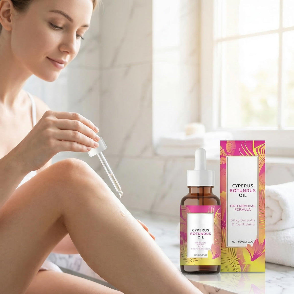 VANCON Natural Hair Removal Oil 60ml bottle on a bathroom shelf