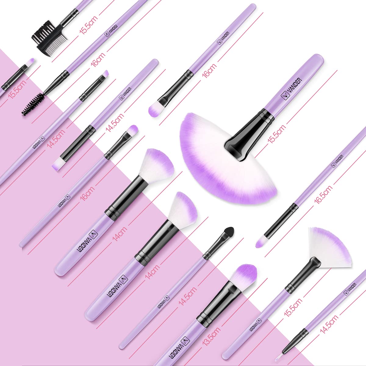 Vander makeup brushes on a vanity