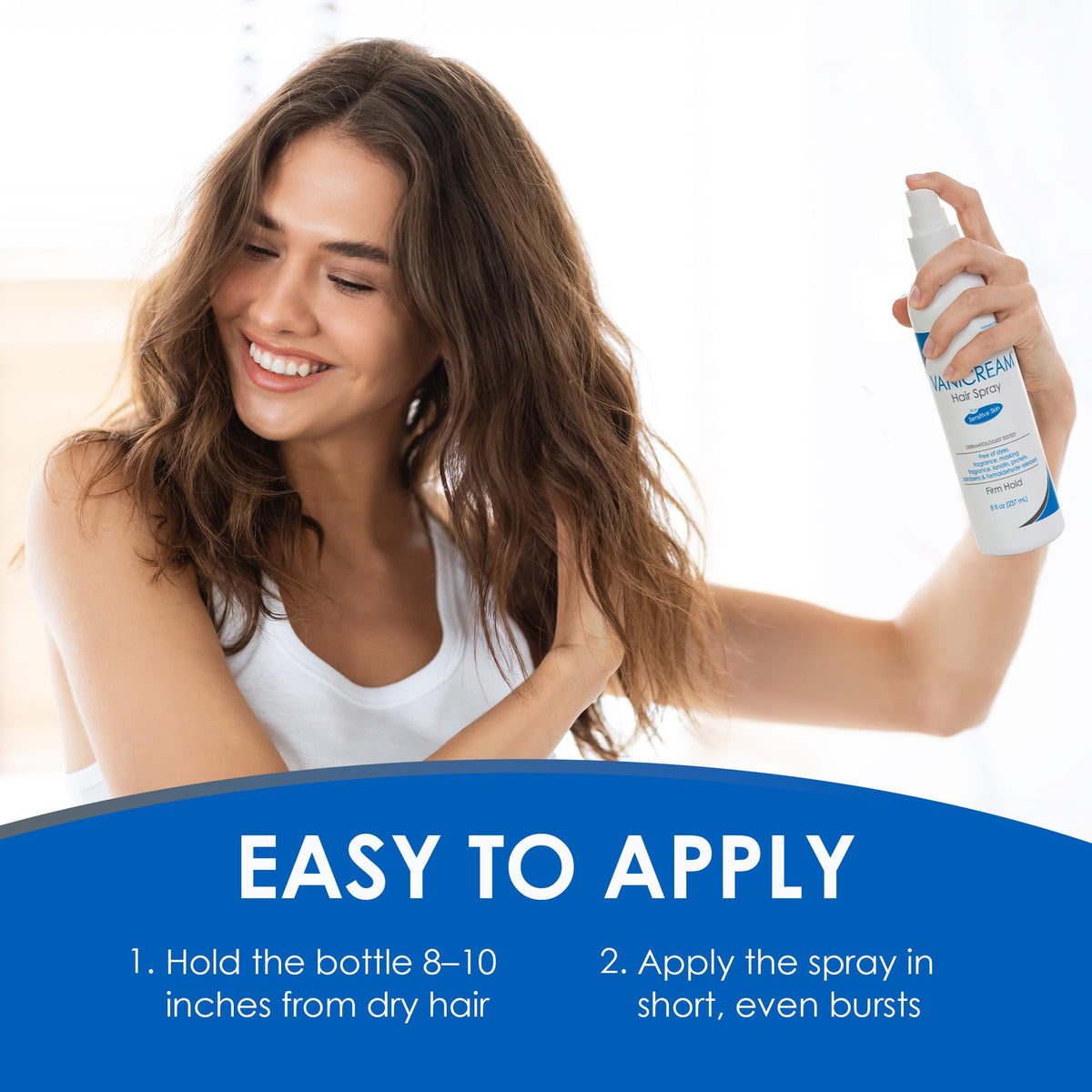 Vanicream Firm Hold Hairspray on vanity with other hair care products