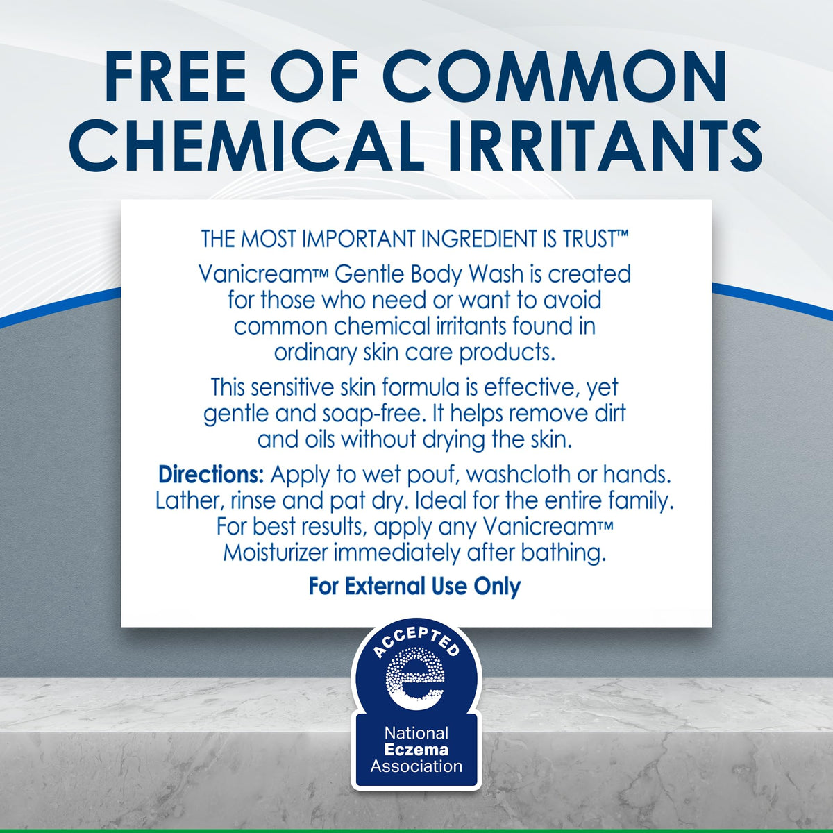 Vanicream Gentle Body Wash on bathroom shelf