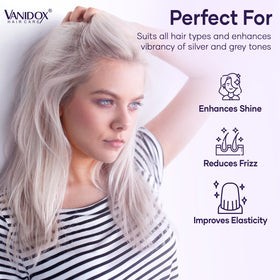 VANIDOX Purple Shampoo and Conditioner Set on a bathroom counter