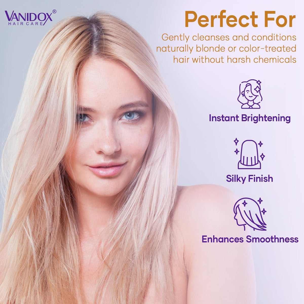 VANIDOX Purple Shampoo and Conditioner Set on bathroom shelf