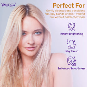 VANIDOX Purple Shampoo and Conditioner Set on bathroom shelf
