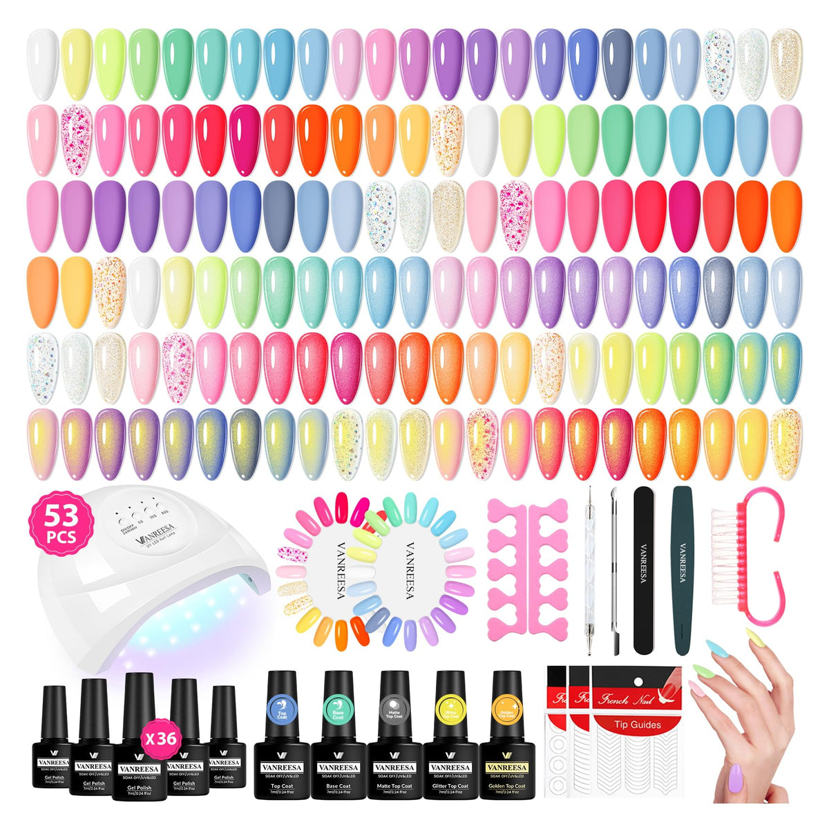 VANREESA Gel Nail Polish Kit 53 pcs with UV light front view