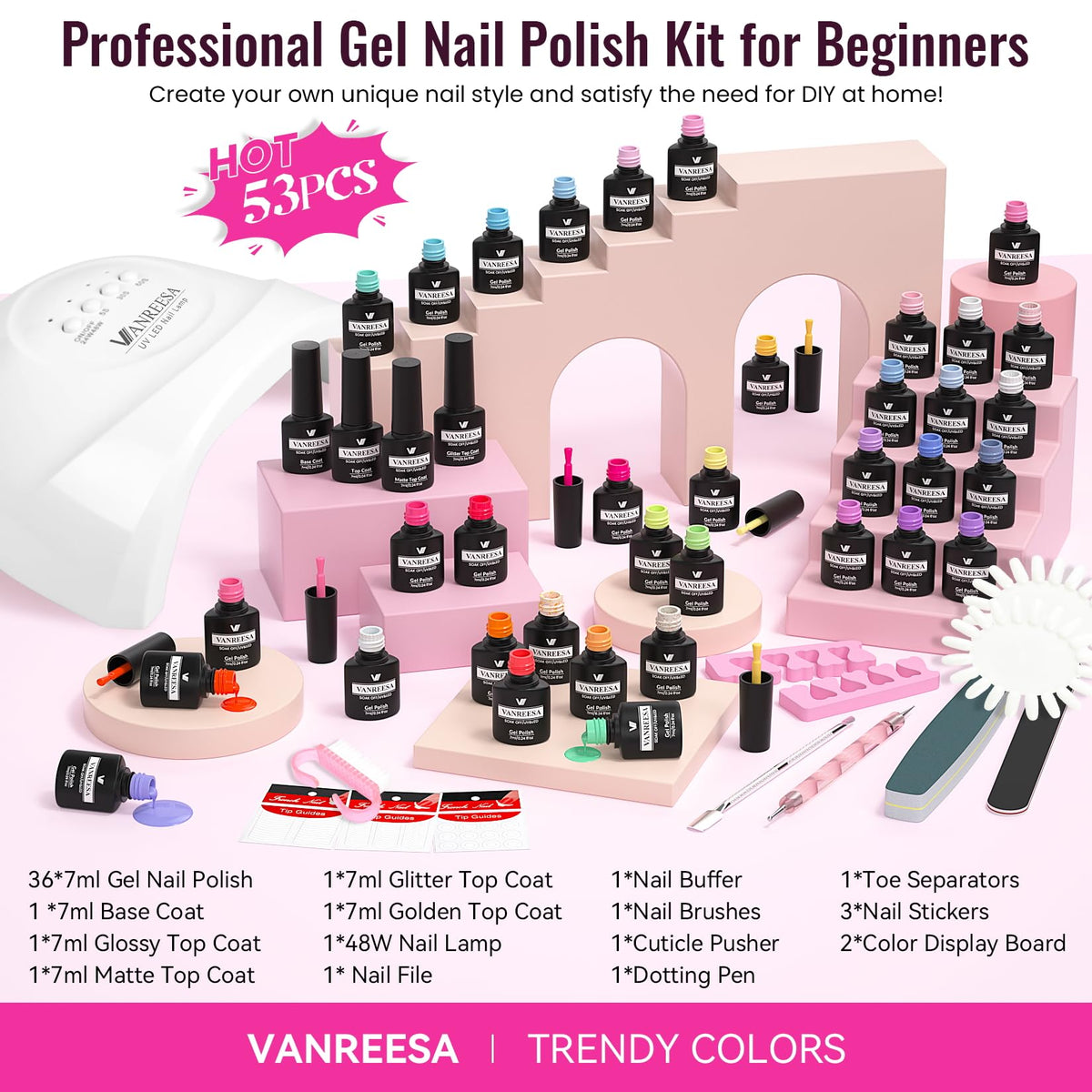 VANREESA gel nail polish swatches on display board