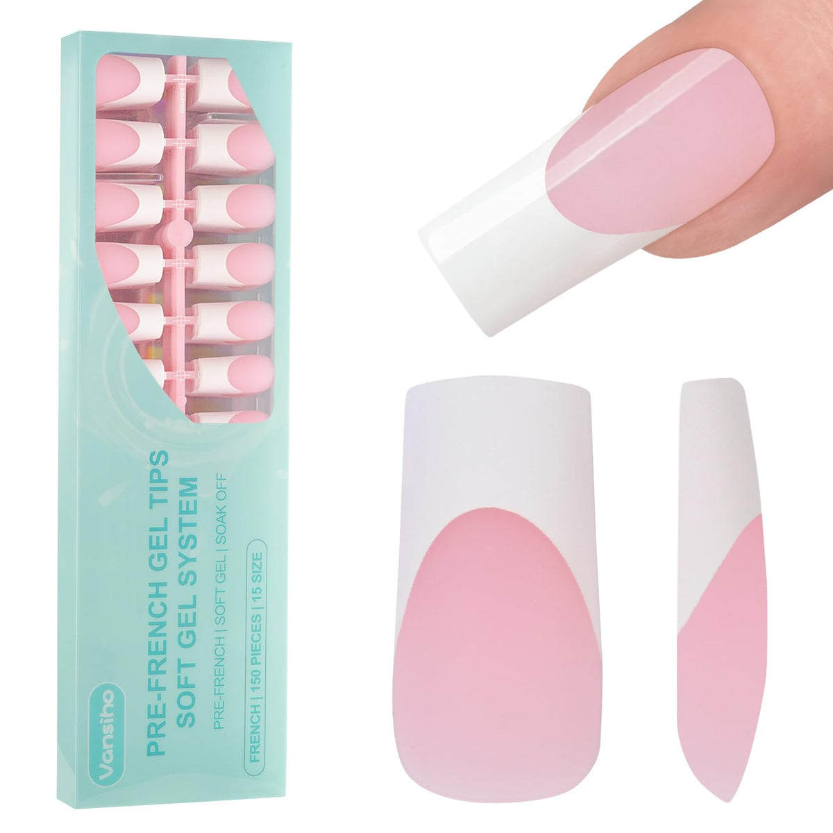 Vansiho 150Pcs Pink White French Gel Fake Nails front view