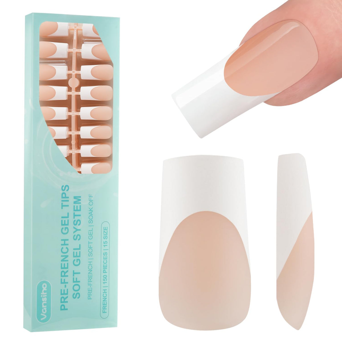 Vansiho French Gel Fake Nails long square press on nails front view
