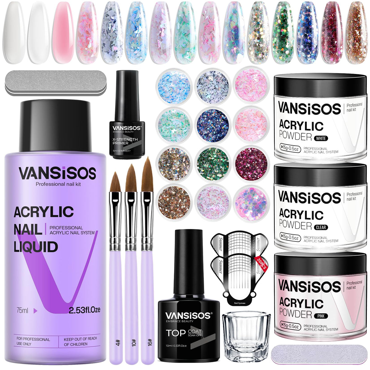 VANSISOS Acrylic Nail Kit front view with all tools included