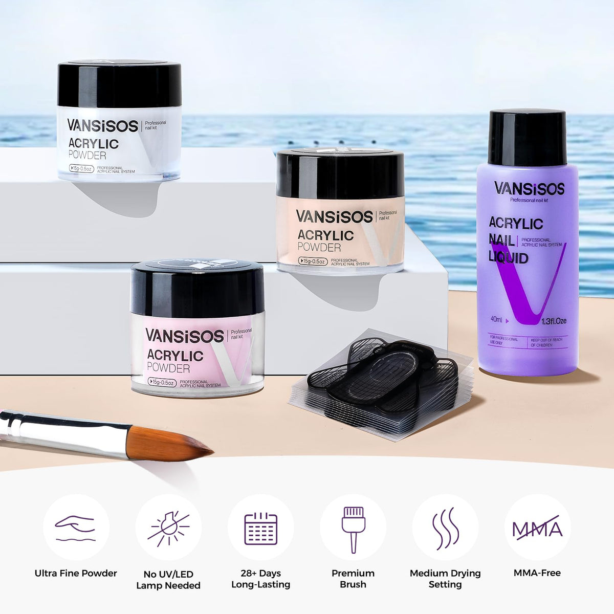 VANSISOS Acrylic Nail Kit showing nail tips and glue