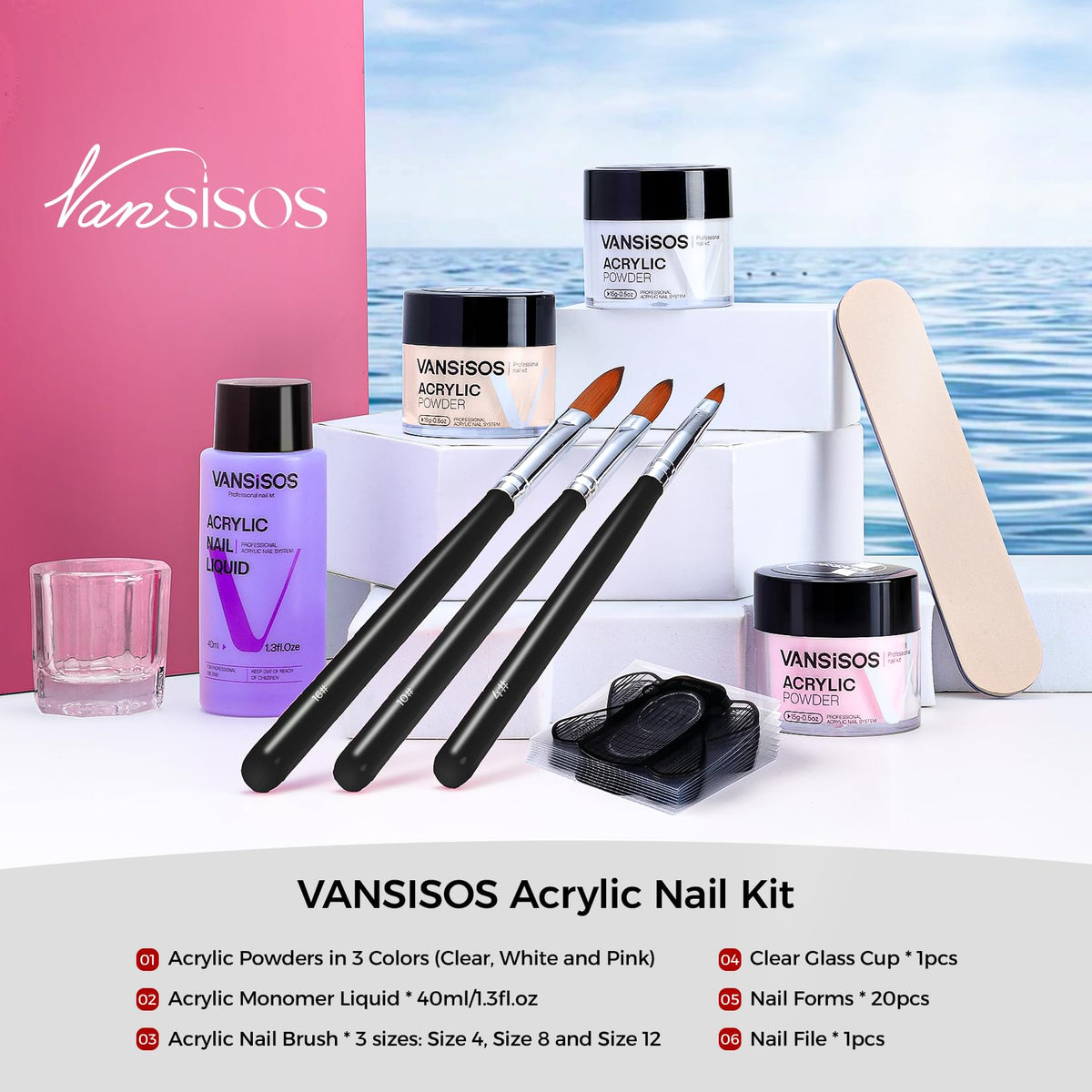 VANSISOS Acrylic Nail Kit with three acrylic powders and glitter
